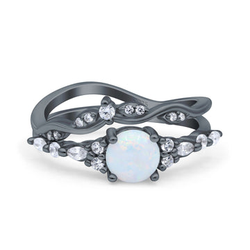 Vintage Two Piece Ring Black Tone Lab Created White Opal 925 Sterling Silver Wholesale